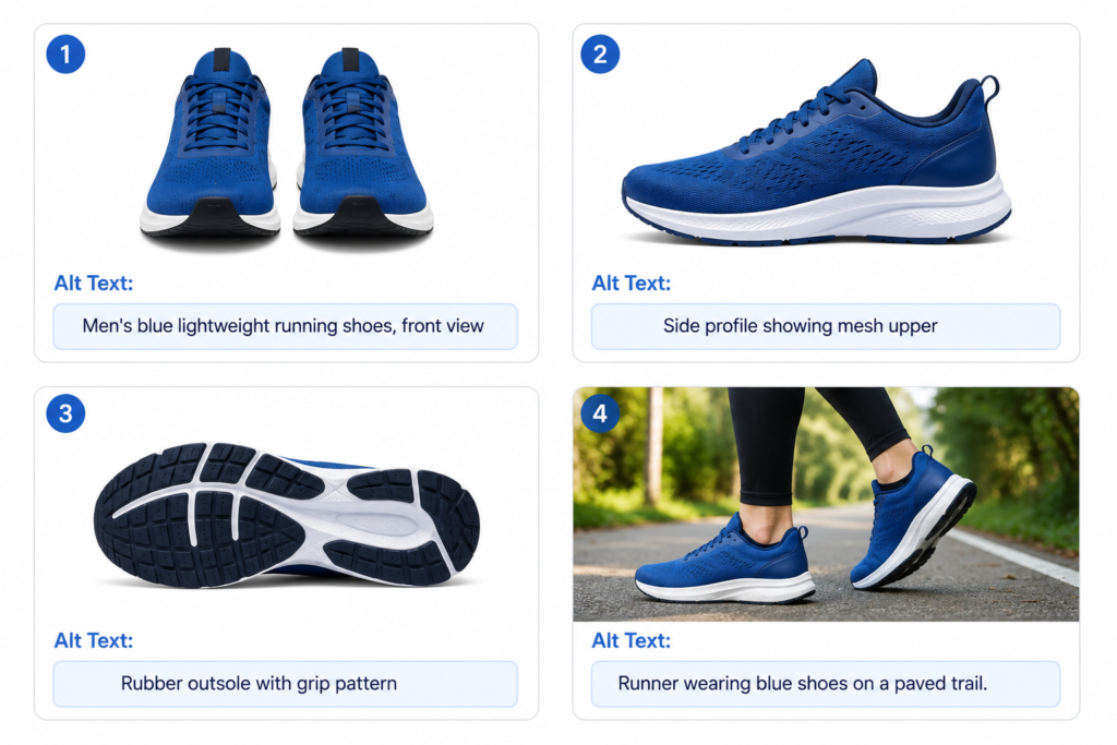  a pair of running shoes with four product photos and different alt text