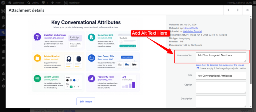 Showing how to add alt text to images in WordPress