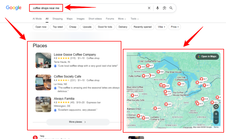 Featured Snippet Examples: coffee shops near me
