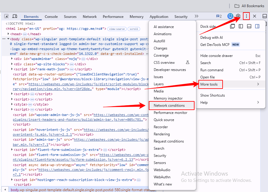 Switch User Agent to Googlebot Open More Tools in Inspect